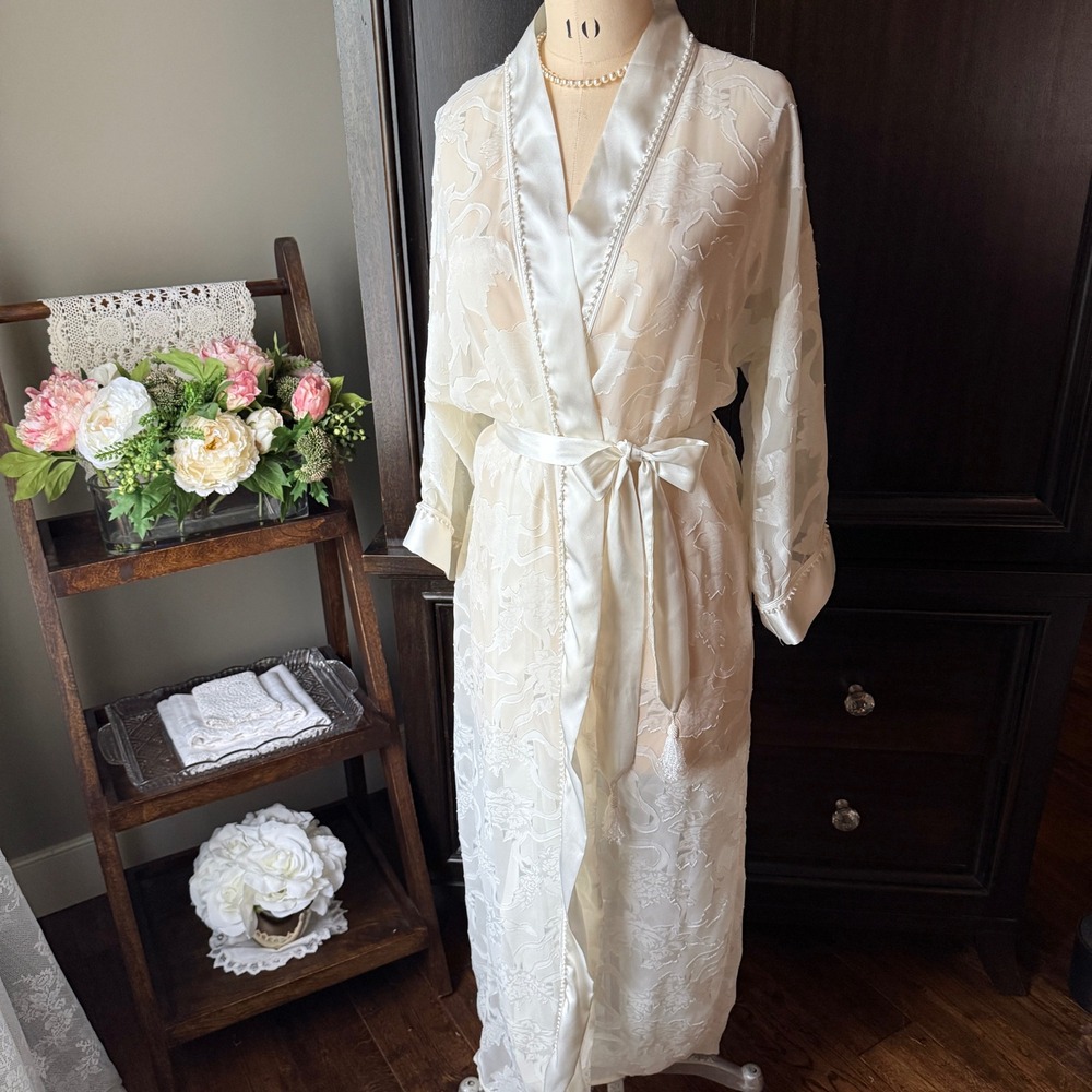 Vintage Sheer Burnout Floral Robe Satin Tie Maxi Ivory Petite S Bridal Romantic